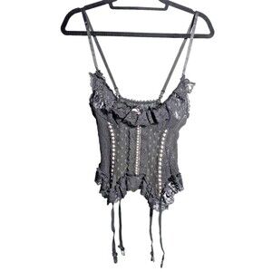 VTG 90s Fredericks of Hollywood‎ Black Sheer Lace Corset Teddy Garter Lingerie L